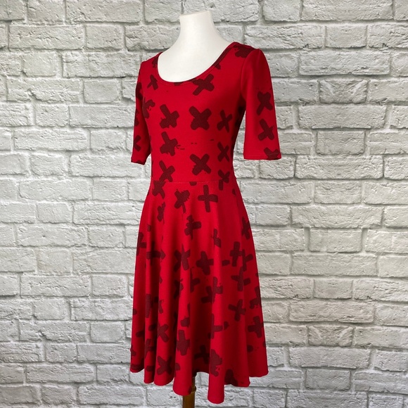 LuLaRoe Nicole Dress in Red with Brush X Print - Picture 2 of 5